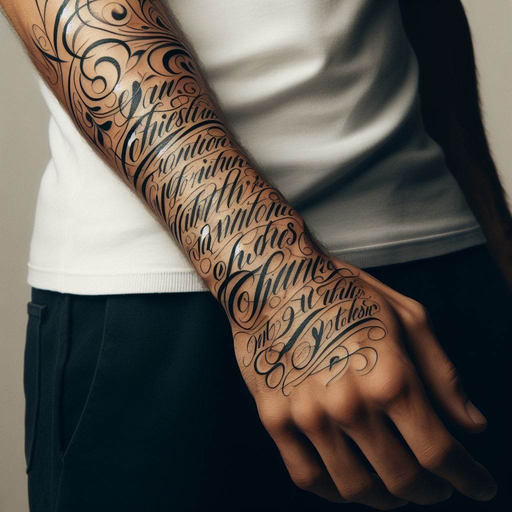 A man's forearm with a tattoo that showcases beautiful calligraphy or script. This design spans from the wrist to the elbow, featuring words, quotes, or phrases that hold personal significance. The calligraphy is artfully done, with elegant swirls, flourishes, and varying line weights to bring depth and beauty to the text. The tattoo can be a single statement piece or a collection of smaller texts, rendered in black or dark ink for clarity and impact.