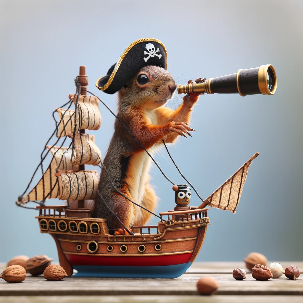 A squirrel dressed as a pirate, standing on the deck of a tiny ship, looking through a telescope. Caption: "Searching the seven seas for the golden nut."