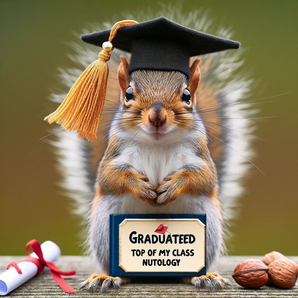 A squirrel wearing a tiny graduation cap and gown, holding a diploma. Caption: "Graduated top of my class in nutology."