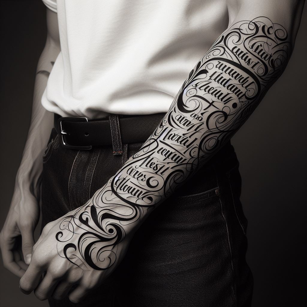 A man's forearm with a tattoo that showcases beautiful calligraphy or script. This design spans from the wrist to the elbow, featuring words, quotes, or phrases that hold personal significance. The calligraphy is artfully done, with elegant swirls, flourishes, and varying line weights to bring depth and beauty to the text. The tattoo can be a single statement piece or a collection of smaller texts, rendered in black or dark ink for clarity and impact.