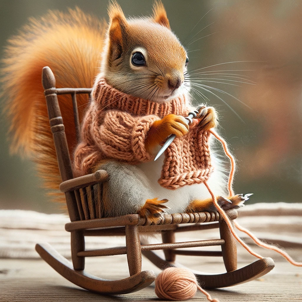 A squirrel sitting in a tiny rocking chair, knitting a small sweater. Caption: "Knitting cozy nut warmers for the winter."