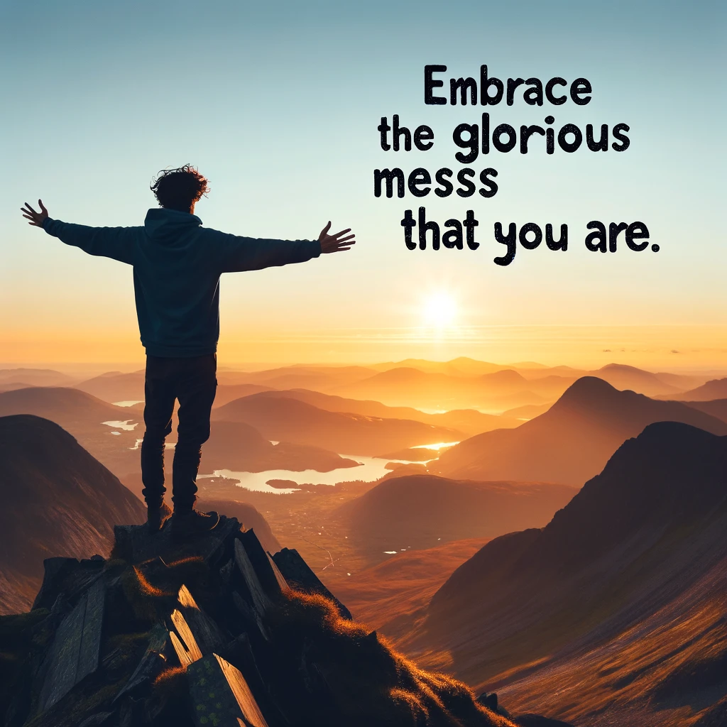 A silhouette of a person with open arms atop a mountain during sunset, embracing freedom. Text overlay: "Embrace the glorious mess that you are."