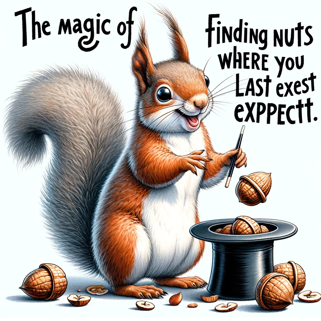 A squirrel dressed as a magician, pulling a nut out of a hat. Caption: "The magic of finding nuts where you least expect them."