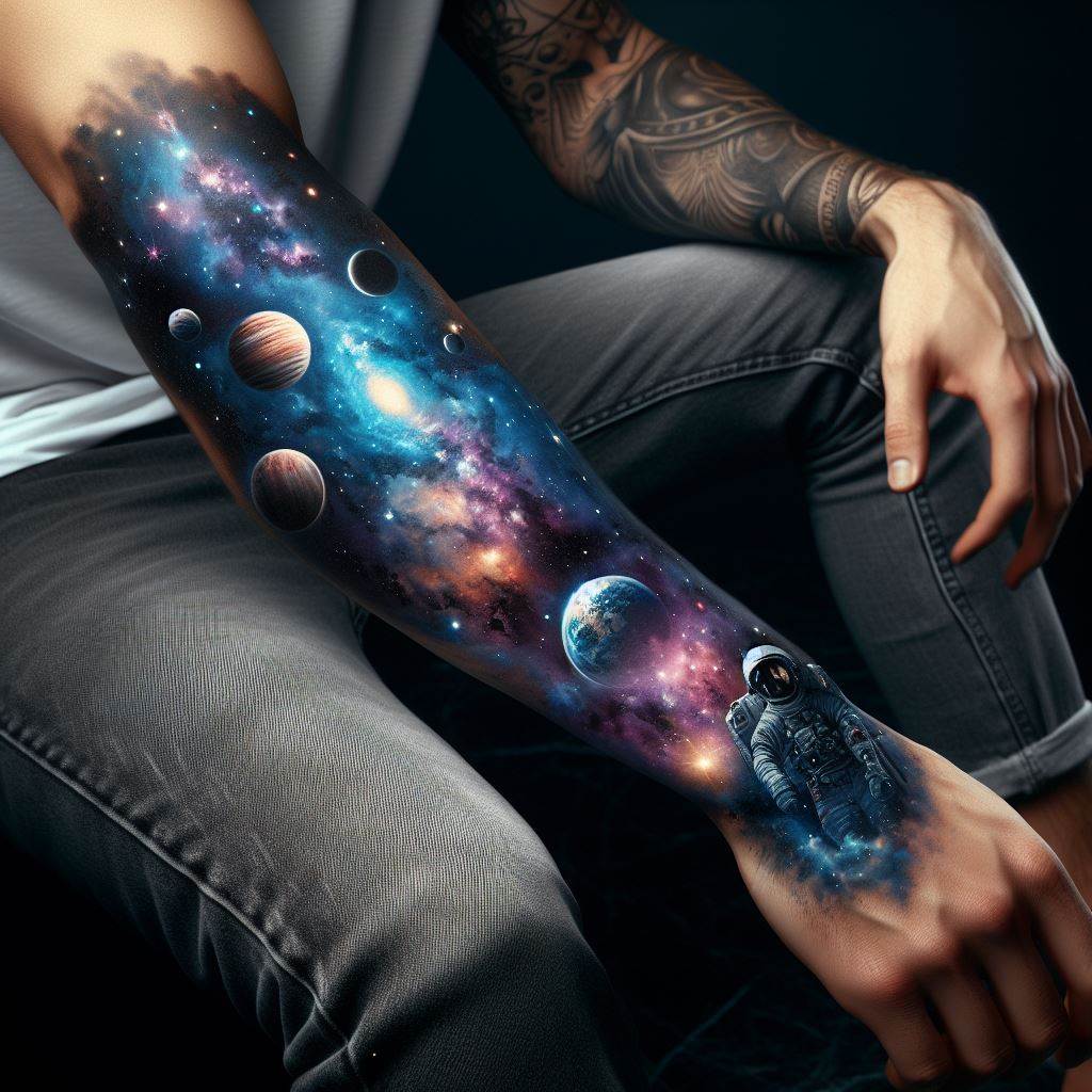 A man's forearm with a space-themed tattoo that captures the vastness and mystery of the universe. This design should stretch from the wrist to the elbow, featuring celestial bodies like planets, stars, galaxies, and maybe an astronaut or a spacecraft. The tattoo should blend these elements into a cohesive scene, using vibrant colors like deep blues, purples, and blacks, along with white and yellow for stars and planets to make the cosmic scene come alive.