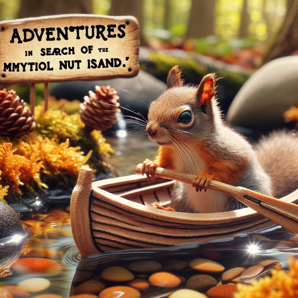 A squirrel in a tiny canoe, paddling through a stream. Caption: "Adventures in search of the mystical nut island."
