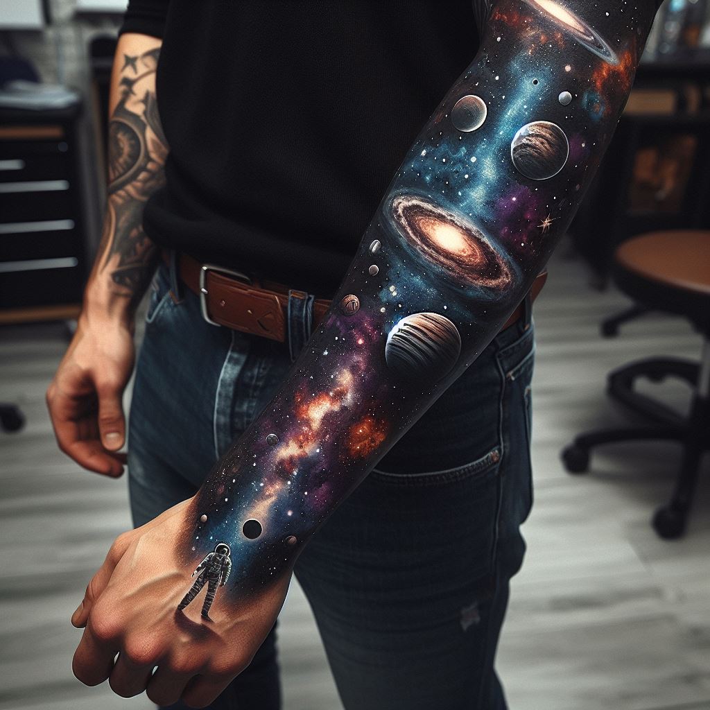 A man's forearm with a space-themed tattoo that captures the vastness and mystery of the universe. This design should stretch from the wrist to the elbow, featuring celestial bodies like planets, stars, galaxies, and maybe an astronaut or a spacecraft. The tattoo should blend these elements into a cohesive scene, using vibrant colors like deep blues, purples, and blacks, along with white and yellow for stars and planets to make the cosmic scene come alive.