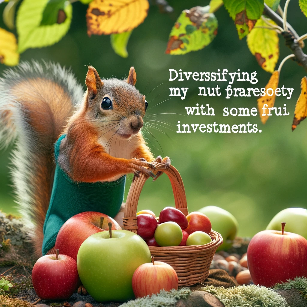 A squirrel with a tiny basket, picking apples in an orchard. Caption: "Diversifying my nut portfolio with some fruit investments."