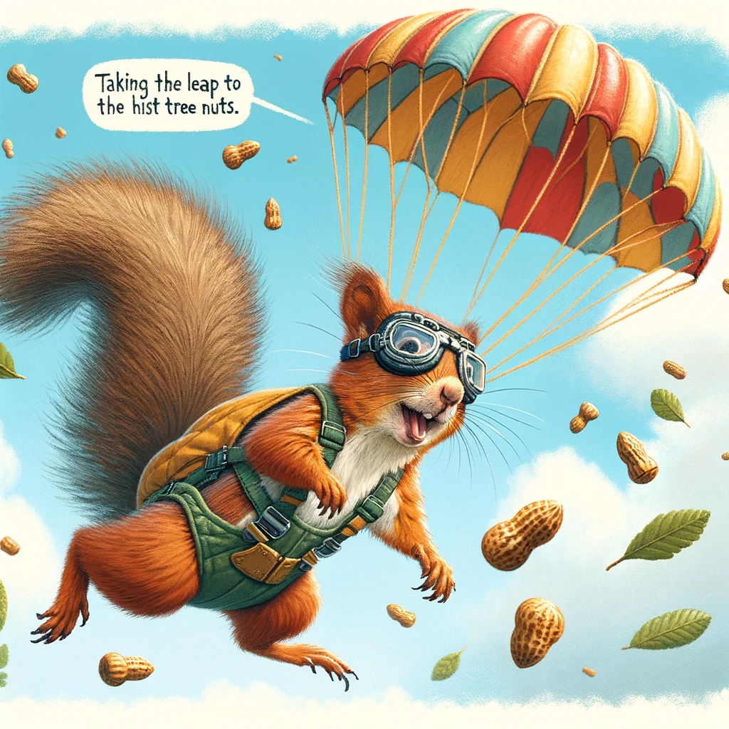A squirrel with goggles and a tiny parachute, skydiving. Caption: "Taking the leap to find the highest tree nuts."