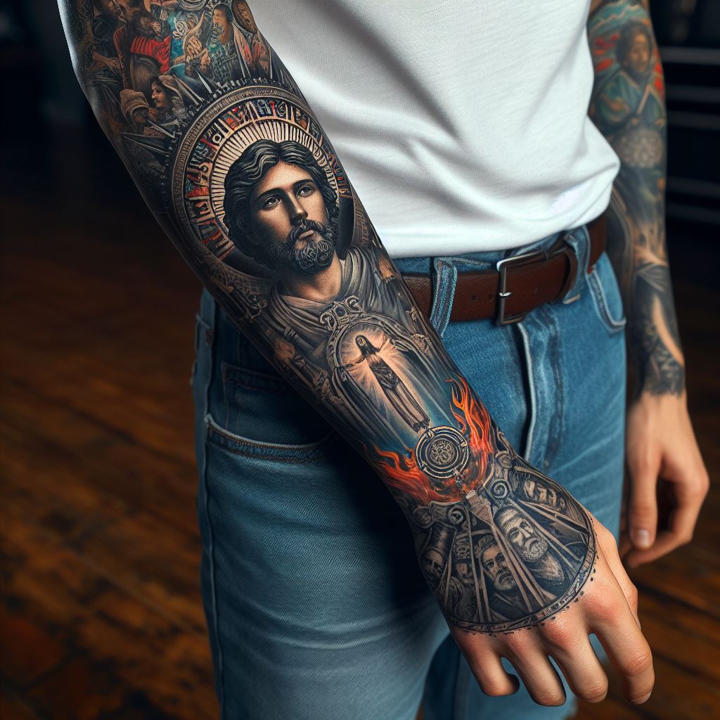 A man's forearm with a tattoo that pays homage to a significant historical era or figure. The design spans from the wrist to the elbow, incorporating elements such as portraits of historical leaders, ancient symbols, or significant events depicted in a realistic or stylized manner. The tattoo could reflect the art style of the era it represents, using colors and techniques that bring a touch of history to the present.