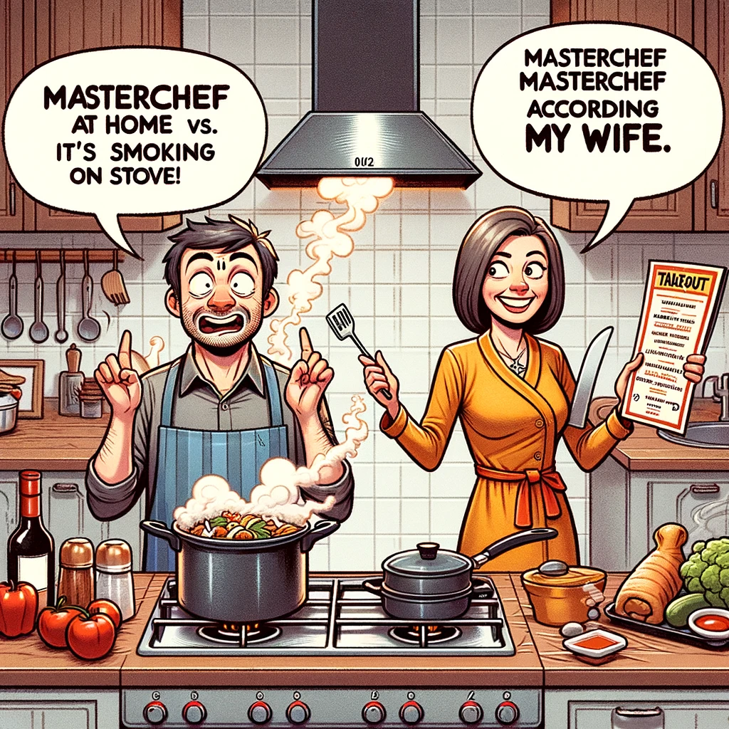 A kitchen scene where a man is bewildered by a smoking pot on the stove, with his wife cheerfully presenting a takeout menu. Caption: "MasterChef at home vs. MasterChef according to my wife."