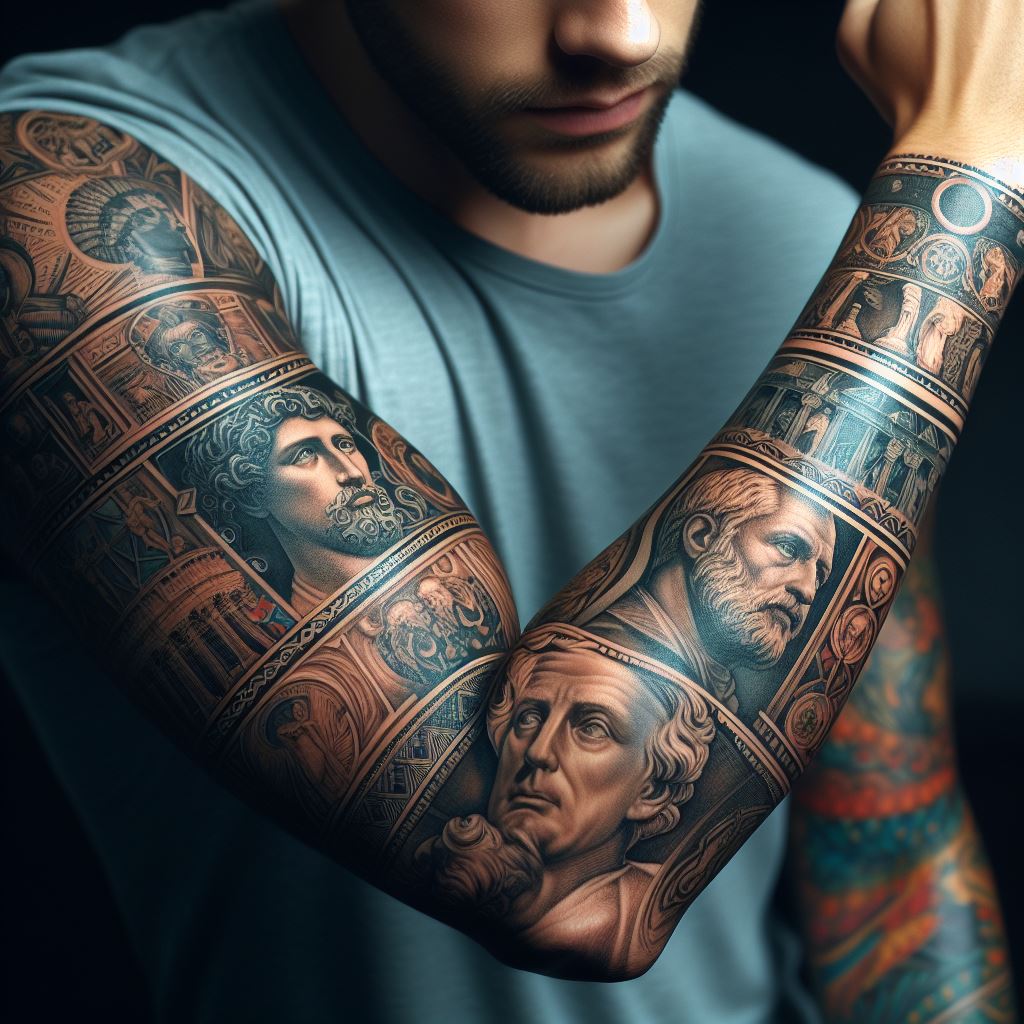 A man's forearm with a tattoo that pays homage to a significant historical era or figure. The design spans from the wrist to the elbow, incorporating elements such as portraits of historical leaders, ancient symbols, or significant events depicted in a realistic or stylized manner. The tattoo could reflect the art style of the era it represents, using colors and techniques that bring a touch of history to the present.