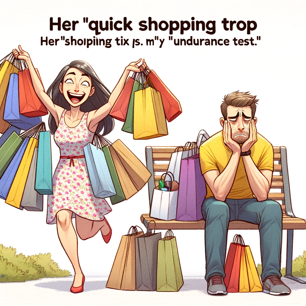 An image of a woman gleefully holding dozens of shopping bags, with her husband sitting on a bench, looking exhausted and holding just one small bag. Caption: "Her 'quick shopping trip' vs. My 'endurance test'."