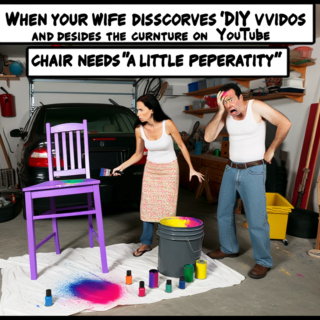 A scene in a garage where a woman is painting a piece of furniture in an outrageous color, and her husband is looking on in horror. Caption: "When your wife discovers DIY videos on YouTube and decides the chair needs 'a little personality'."