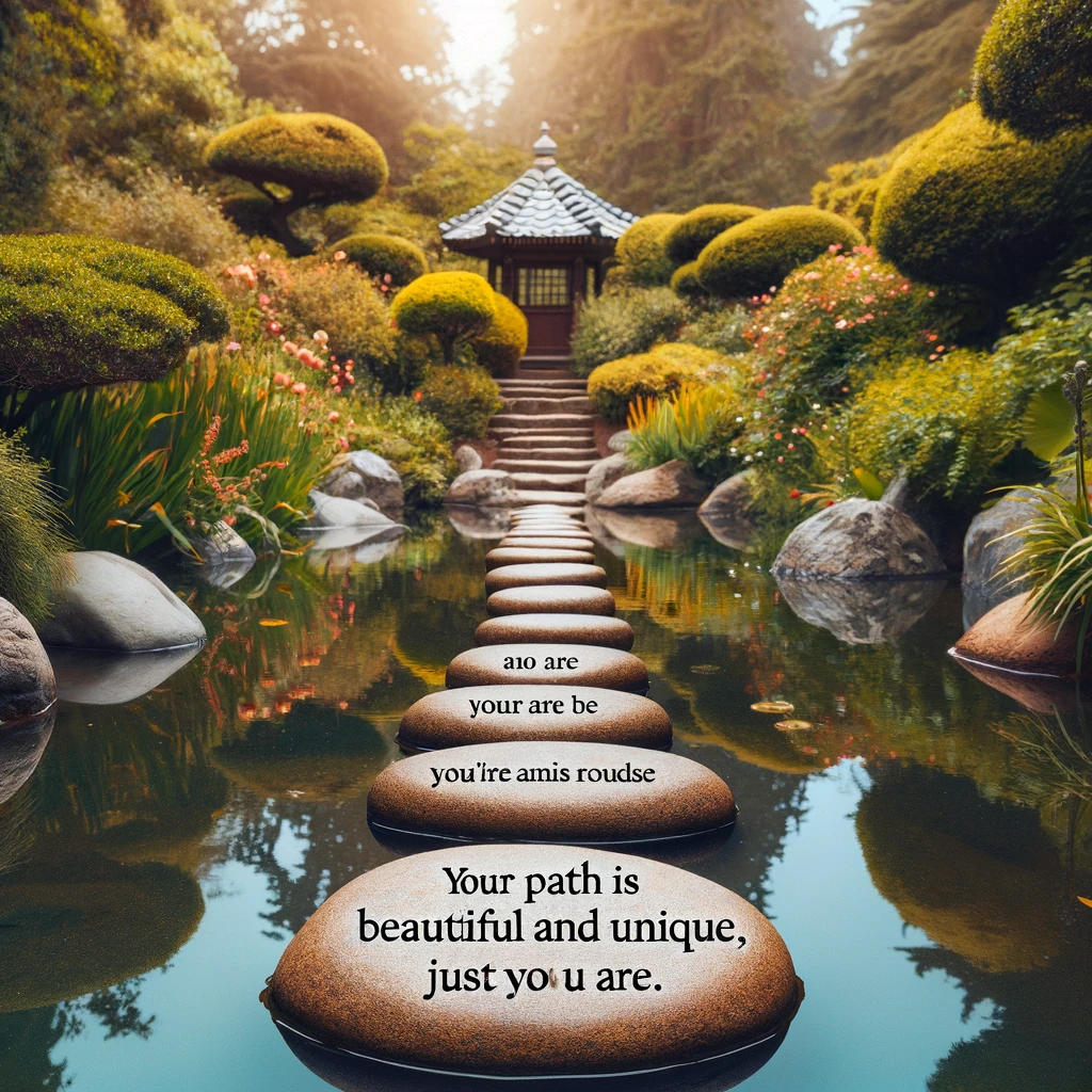 A series of stepping stones leading across a tranquil pond to a beautiful, secluded garden. Text overlay: "Your path is beautiful and unique, just as you are."