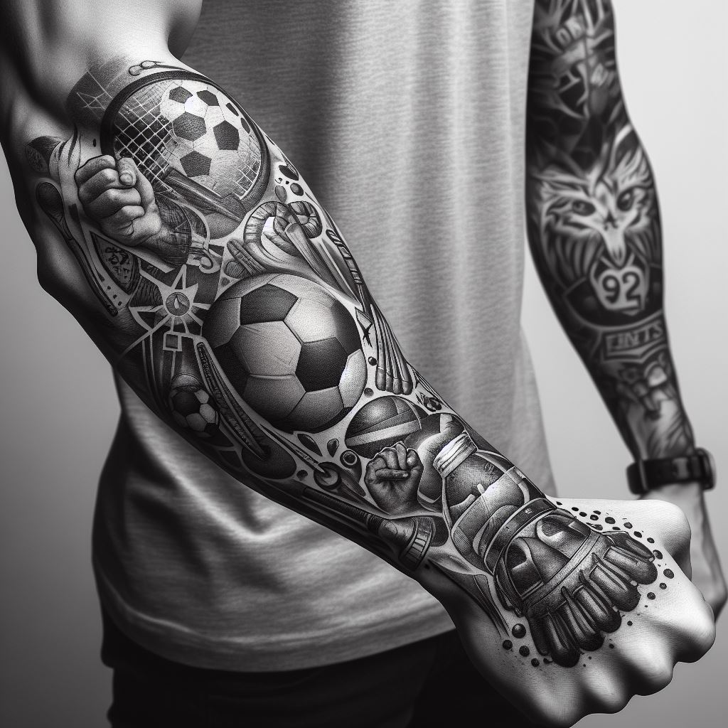 A man's forearm featuring a sports-inspired tattoo. This design should celebrate a particular sport, team, or athlete, with elements like sports equipment, team logos, or action shots of playing the sport, arranged from the wrist to the elbow. The tattoo could be rendered in the team colors or in black and grey, capturing the dynamic energy and passion of the sport.