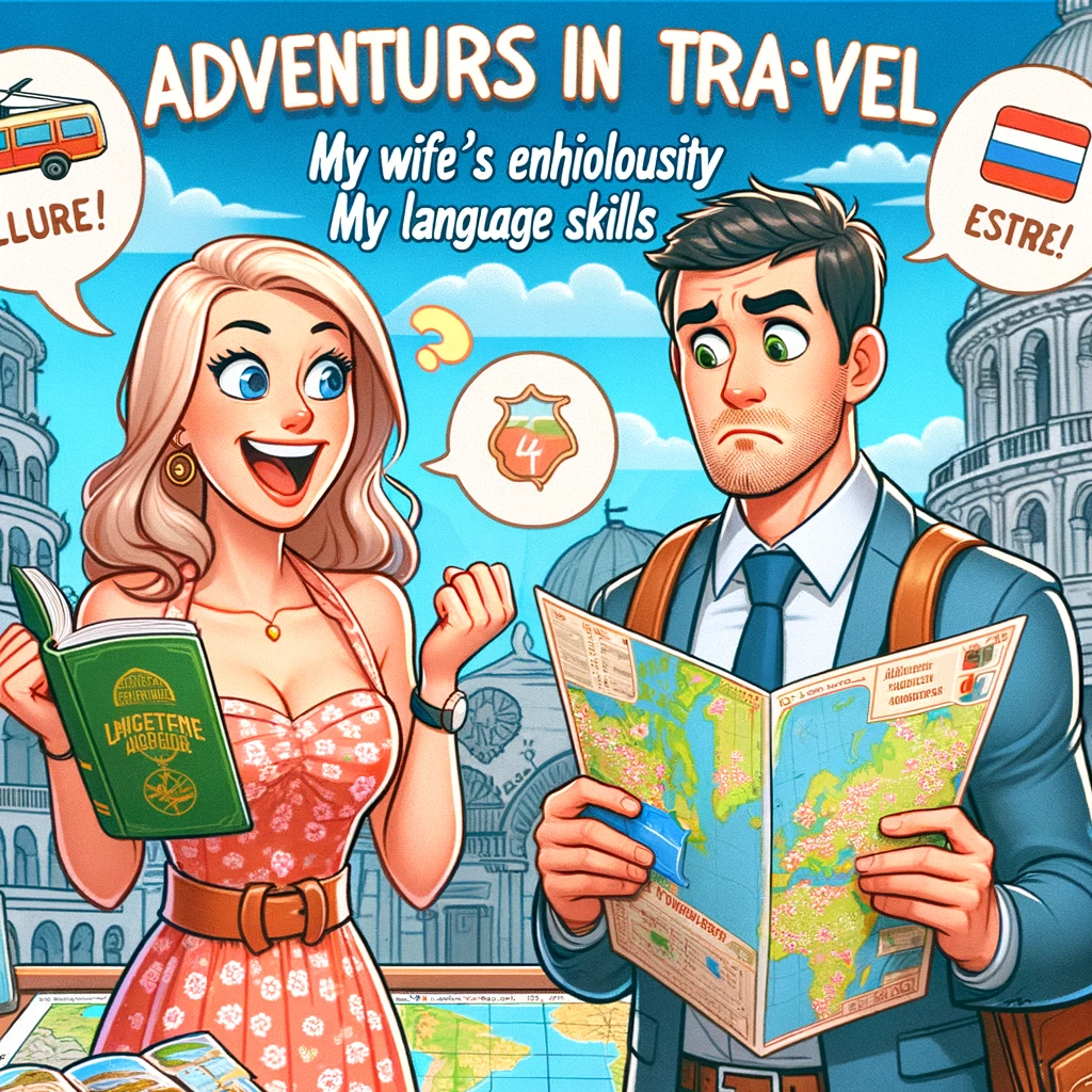 A couple standing in front of a map in a foreign country, the wife looking excited with a guidebook, and the husband puzzled with a phrasebook. Caption: "Adventures in travel: My wife's enthusiasm vs. My language skills."