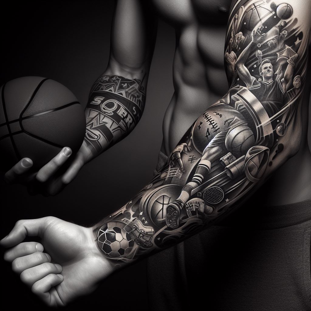 A man's forearm featuring a sports-inspired tattoo. This design should celebrate a particular sport, team, or athlete, with elements like sports equipment, team logos, or action shots of playing the sport, arranged from the wrist to the elbow. The tattoo could be rendered in the team colors or in black and grey, capturing the dynamic energy and passion of the sport.