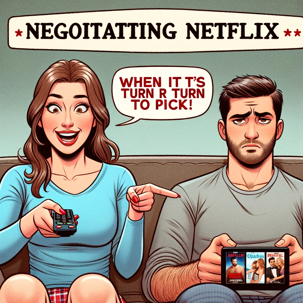 A couple sitting on a couch with a remote between them. The wife is pointing excitedly at the TV screen, which displays the title of a romantic movie, while the husband looks less than thrilled. Caption: "Negotiating Netflix: When it's her turn to pick."