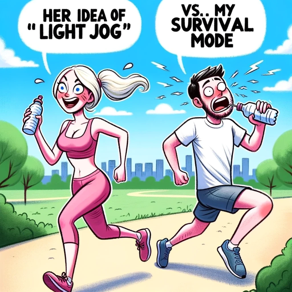 A scene in a park where a woman is energetically jogging ahead, while her husband is far behind, out of breath and holding a bottle of water. Caption: "Her idea of a 'light jog' vs. My survival mode."