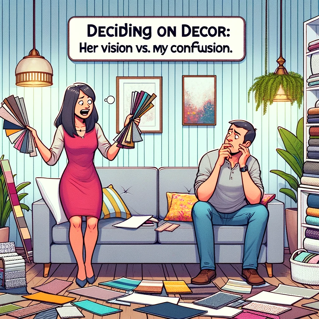 An image of a living room filled with various home decor samples, where a wife is holding up swatches with enthusiasm, and her husband is sitting on the couch with a bewildered look. Caption: "Deciding on decor: Her vision vs. My confusion."