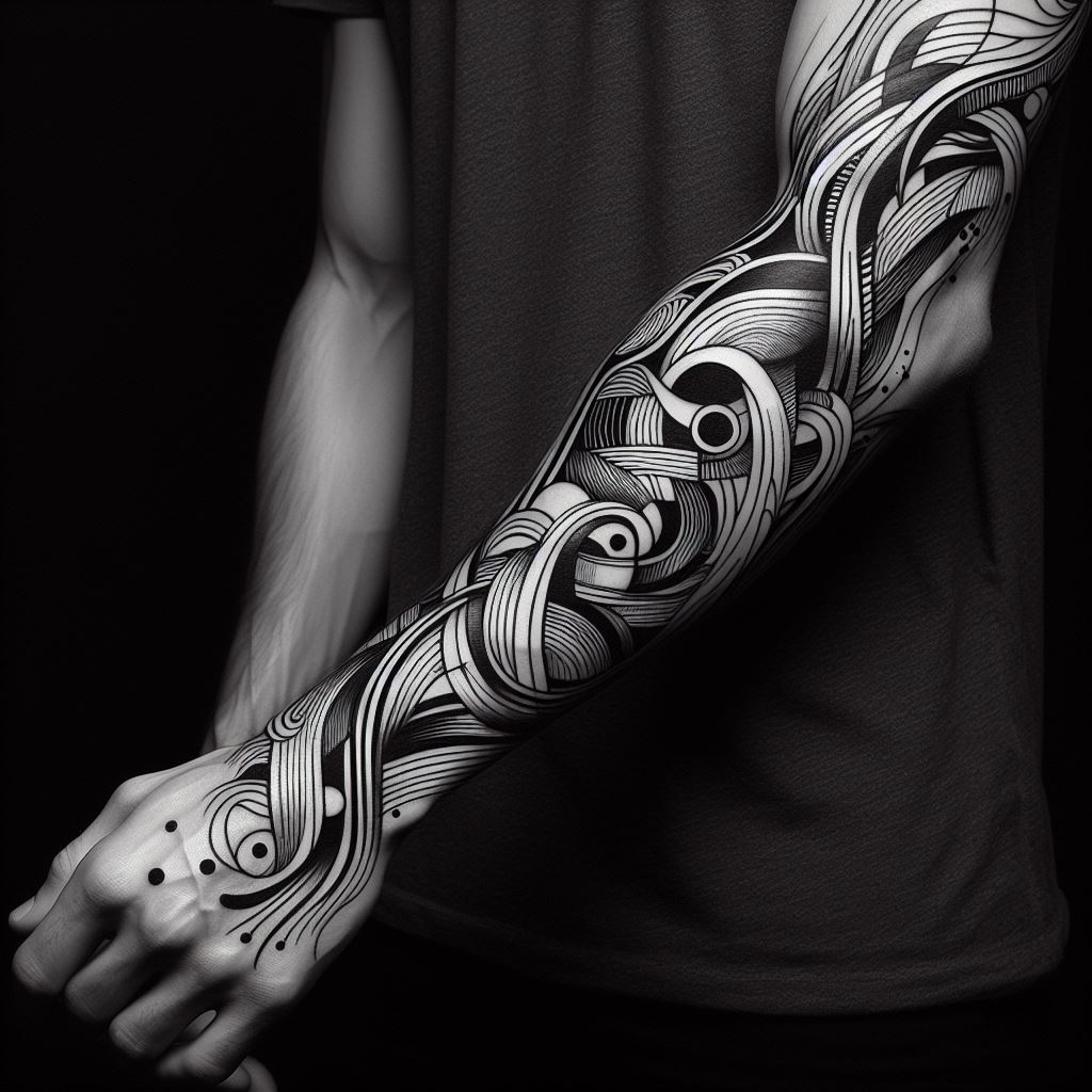 A man's forearm embellished with an abstract art tattoo. This tattoo should be a composition of shapes, lines, and colors that flow together to create a visually striking piece without representing any specific object or scene. The design, extending from the wrist to the elbow, should play with forms and colors in a way that invites interpretation and showcases the beauty of abstraction.