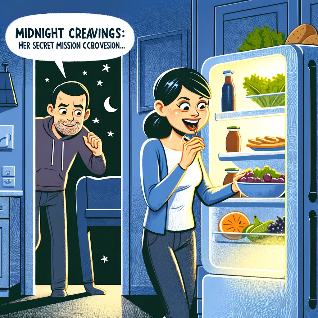 A wife sneaking into the kitchen at night, opening the fridge filled with light, looking excited, while her husband looks on from the doorway, amused. Caption: "Midnight cravings: Her secret mission vs. My accidental discovery."