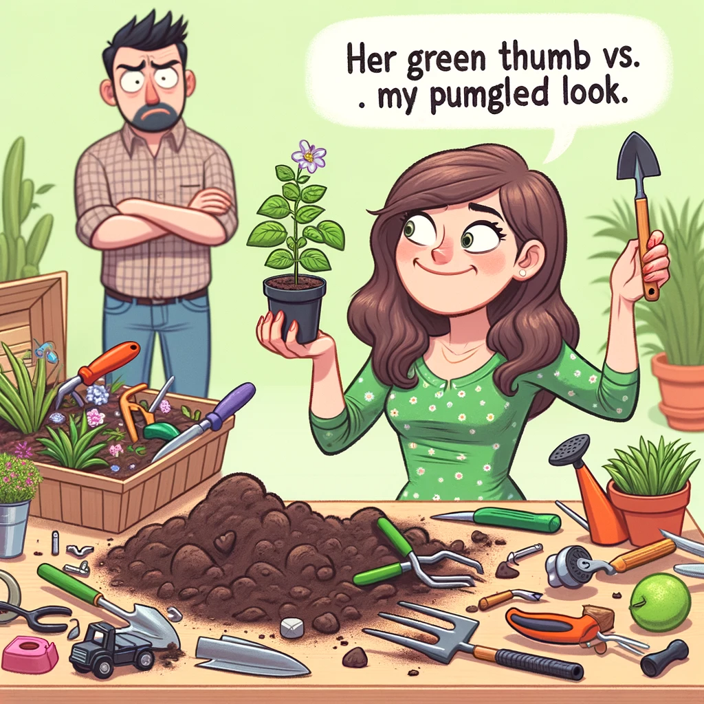 A garden scene where a wife is proudly holding a tiny plant she's just planted, with an array of chaotic gardening tools around, and her husband in the background, looking bewildered at the overturned soil. Caption: "Her green thumb vs. My puzzled look."