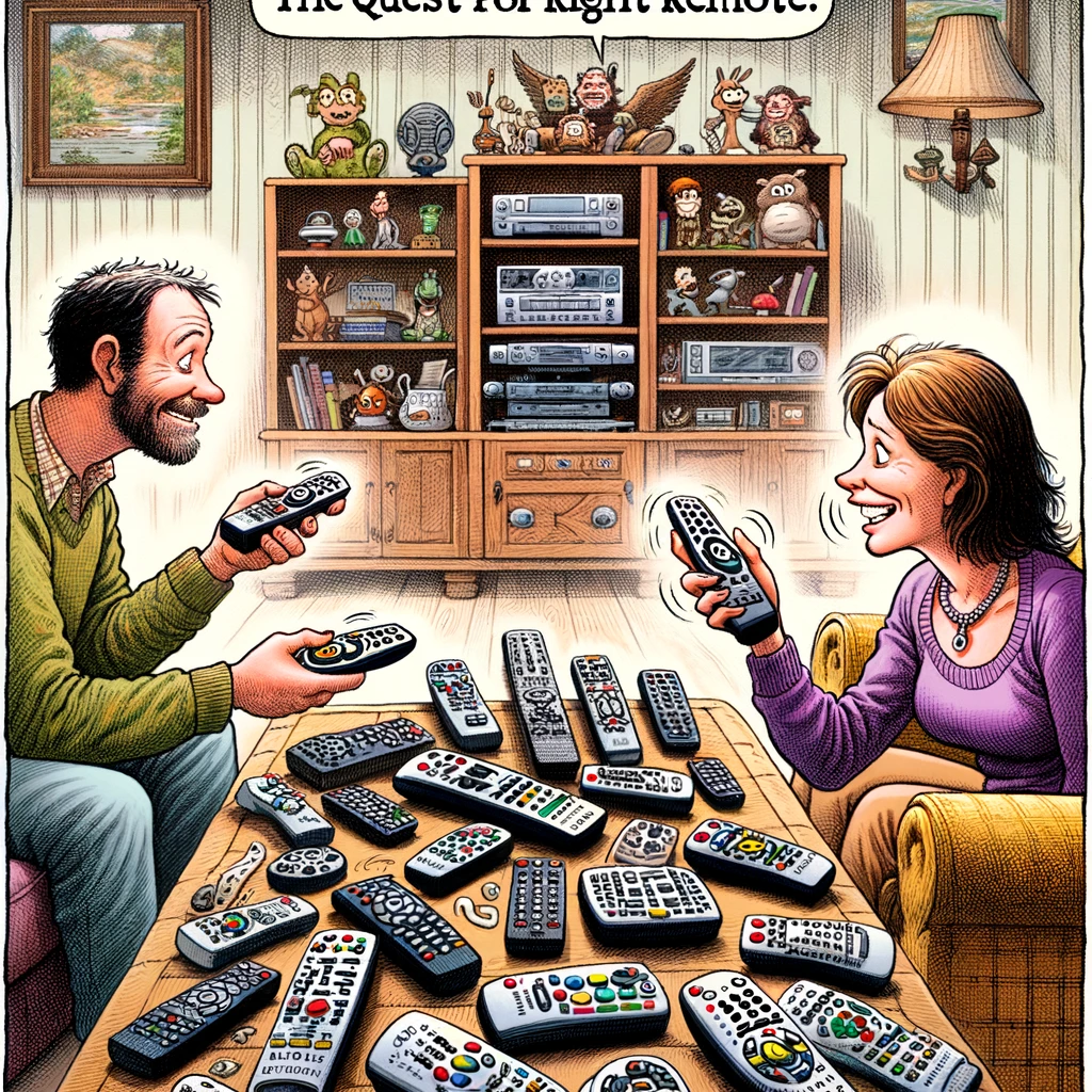 A living room scene where a wife is holding several remote controls, pressing buttons randomly, with the TV, stereo, and other gadgets turning on and off in chaos, while her husband watches with a mix of amusement and concern. Caption: "The quest for the right remote: Her adventurous spirit vs. My desire for a simple life."