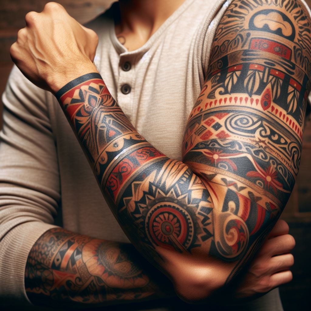 A man's forearm with a tattoo that celebrates cultural heritage, featuring symbols, patterns, or imagery significant to a specific culture or tradition. This design could include traditional motifs, iconic landmarks, or script in a native language, extending from the wrist to the elbow. The tattoo should be a proud display of identity and heritage, using colors and styles that are authentic to the culture it represents.