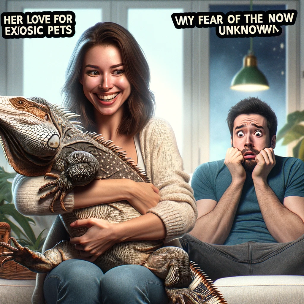 An image of a wife happily cuddling a new, unexpected pet (like a giant lizard), with her husband looking shocked and slightly scared in the background. Caption: "Her love for exotic pets vs. My fear of the unknown."