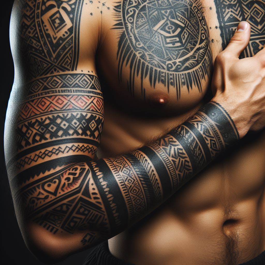 A man's forearm with a tattoo that celebrates cultural heritage, featuring symbols, patterns, or imagery significant to a specific culture or tradition. This design could include traditional motifs, iconic landmarks, or script in a native language, extending from the wrist to the elbow. The tattoo should be a proud display of identity and heritage, using colors and styles that are authentic to the culture it represents.