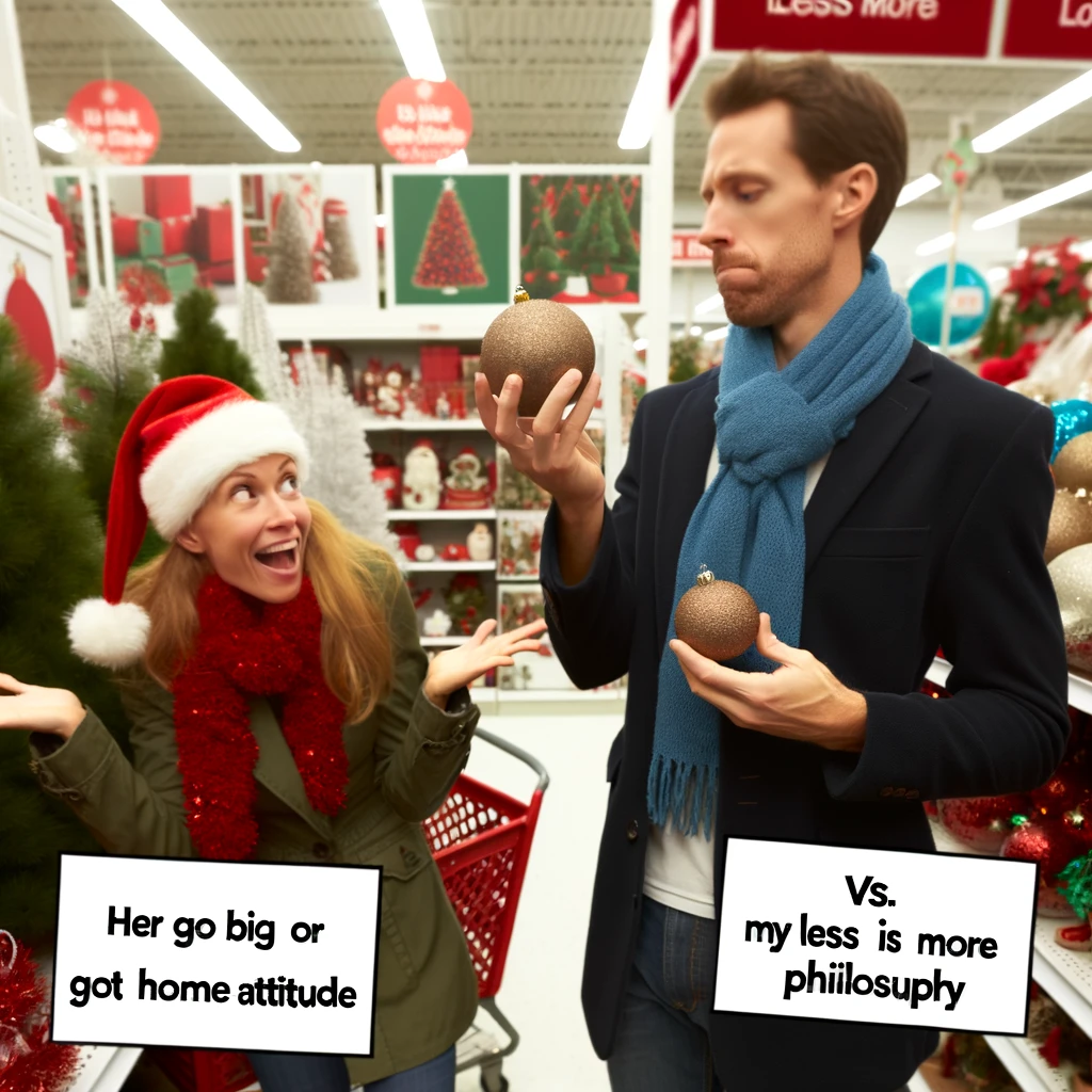 A couple at a holiday decoration store, where the wife is excitedly picking out the most extravagant decorations, and the husband is holding a tiny, simple ornament, looking overwhelmed. Caption: "Holiday spirit: Her go big or go home attitude vs. My less is more philosophy."