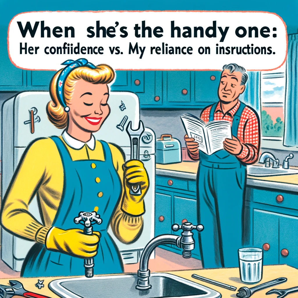 A scene in the house where the wife is confidently fixing a leaky faucet with tools, while her husband stands by with an instruction manual, looking utterly confused. Caption: "When she's the handy one: Her confidence vs. My reliance on instructions."