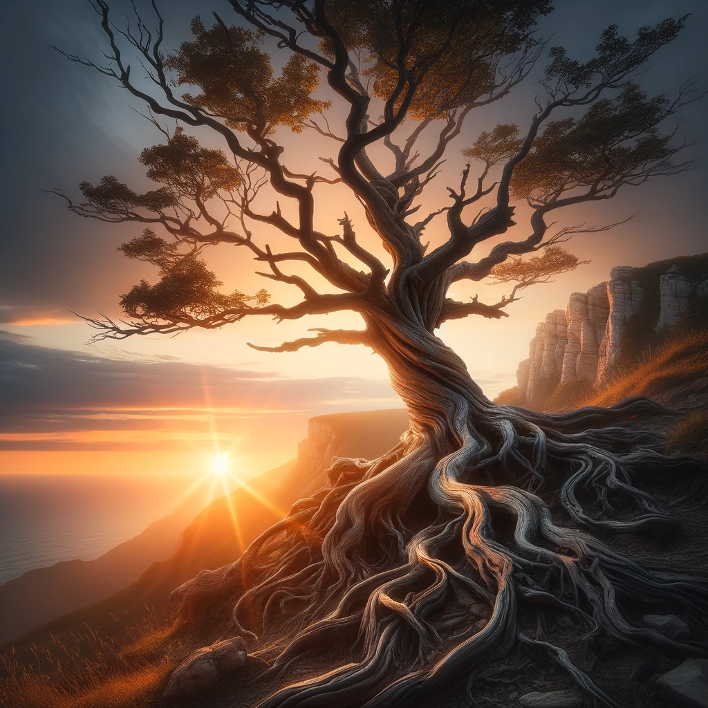 An old, twisted tree standing strong on a cliffside, with roots exposed, against a backdrop of a setting sun. Text overlay: "The beauty of life is in the struggle and strength we find within."