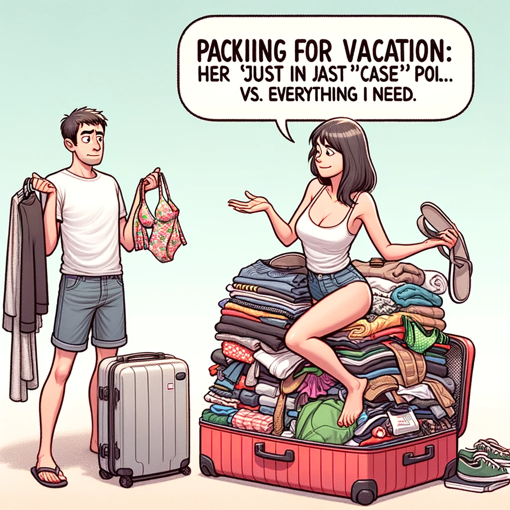 An image of a couple standing next to an open suitcase, the wife trying to fit in an enormous amount of clothing and accessories, while the husband holds a single pair of shorts and a t-shirt, looking puzzled. Caption: "Packing for vacation: Her 'just in case' pile vs. My everything I need."