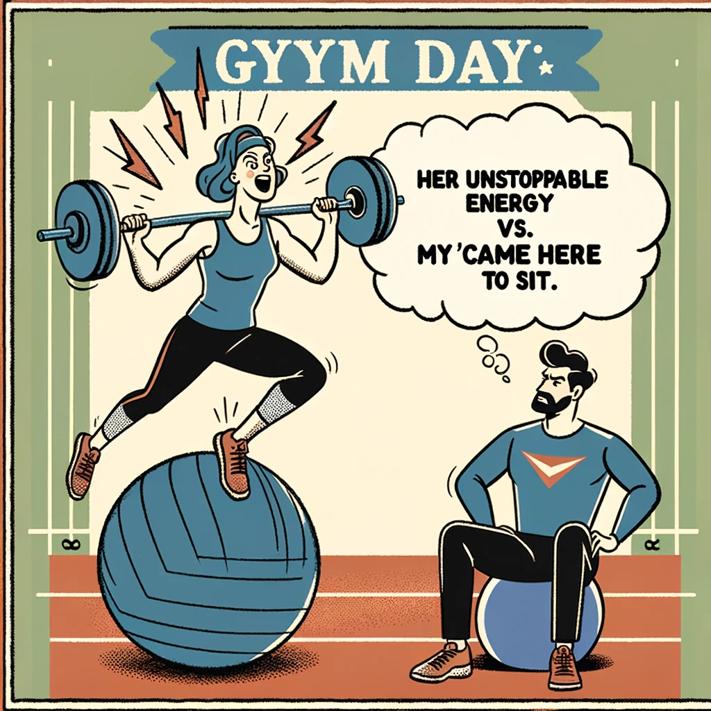 A gym scene where the wife is energetically lifting weights or doing an intense workout, with her husband sitting on an exercise ball, looking exhausted just watching her. Caption: "Gym day: Her unstoppable energy vs. My 'I came here to sit' attitude."