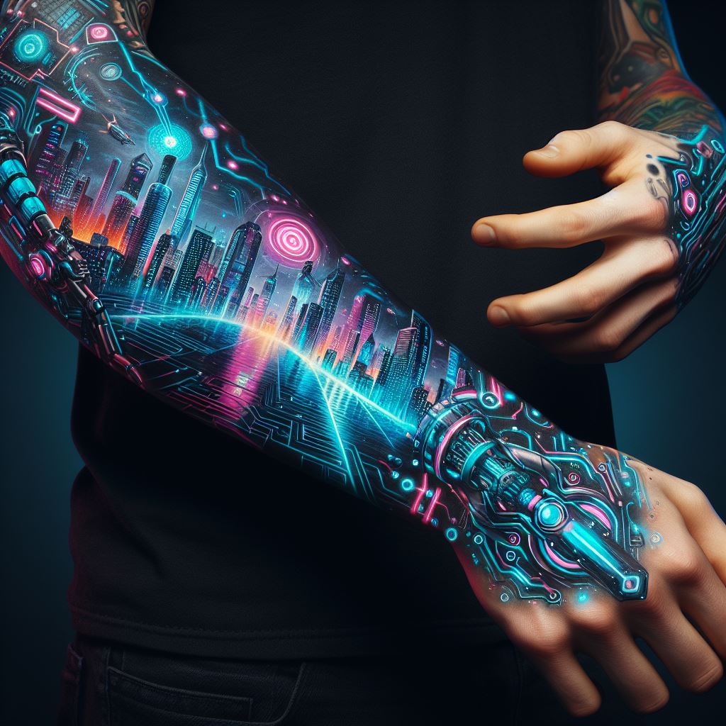 A man's forearm adorned with a cyberpunk-themed tattoo, featuring futuristic landscapes, neon lights, and cybernetic enhancements. This tattoo stretches from the wrist to the elbow, incorporating elements such as a city skyline at night with glowing neon signs, robotic arms, or digital circuits. The design uses vibrant neon colors like blue, pink, and green against a darker background to capture the essence of a cyberpunk future.