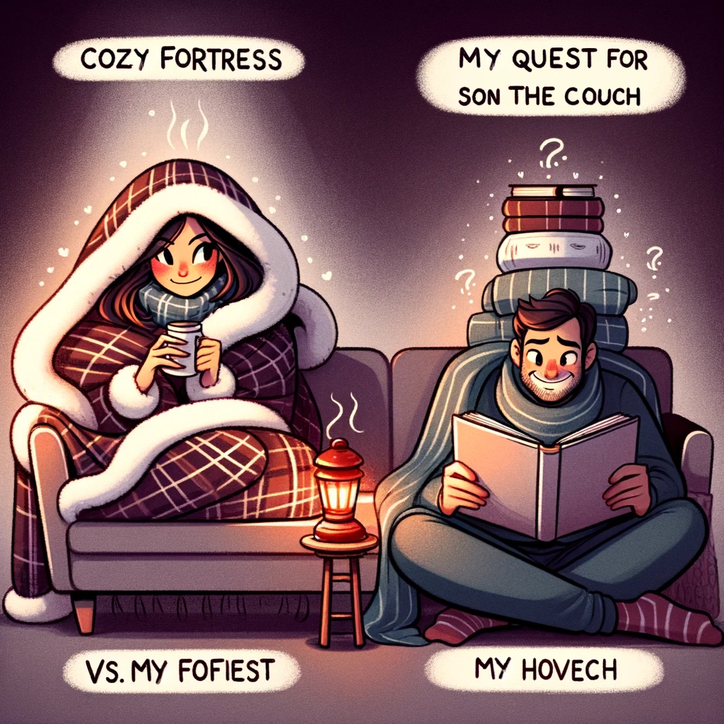 A cozy evening scene where the wife is wrapped in blankets, with a book and a hot beverage, looking content, while her husband tries to fit into the remaining tiny space on the couch, looking amused. Caption: "Her cozy fortress vs. My quest for a spot on the couch."