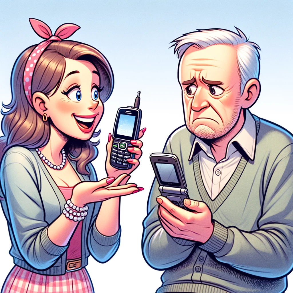 A wife showing off her new smartphone to her husband, who's holding an old flip phone with a puzzled look. Caption: "Upgrading technology: Her cutting-edge vs. My retro style."