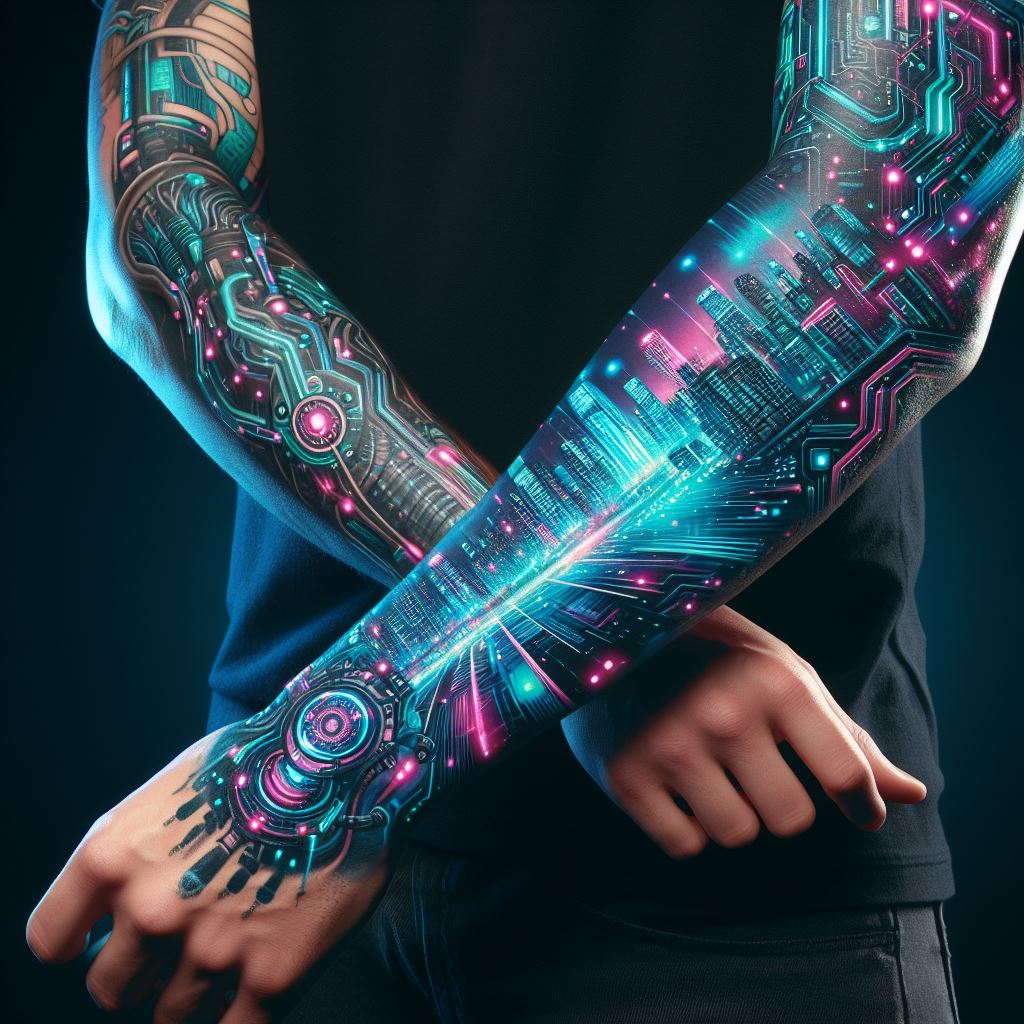 A man's forearm adorned with a cyberpunk-themed tattoo, featuring futuristic landscapes, neon lights, and cybernetic enhancements. This tattoo stretches from the wrist to the elbow, incorporating elements such as a city skyline at night with glowing neon signs, robotic arms, or digital circuits. The design uses vibrant neon colors like blue, pink, and green against a darker background to capture the essence of a cyberpunk future.