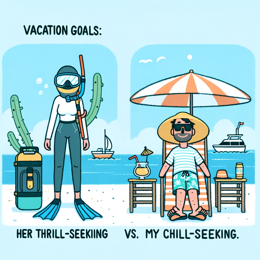 A couple at the beach, the wife geared up for snorkeling and adventure, while the husband is ready to nap under an umbrella. Caption: "Vacation goals: Her thrill-seeking vs. My chill-seeking."