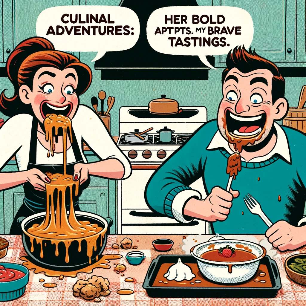 A kitchen disaster scene where the wife has attempted an elaborate recipe, resulting in a mess, while her husband tastes the food with an exaggeratedly happy face. Caption: "Culinary adventures: Her bold attempts vs. My brave tastings."