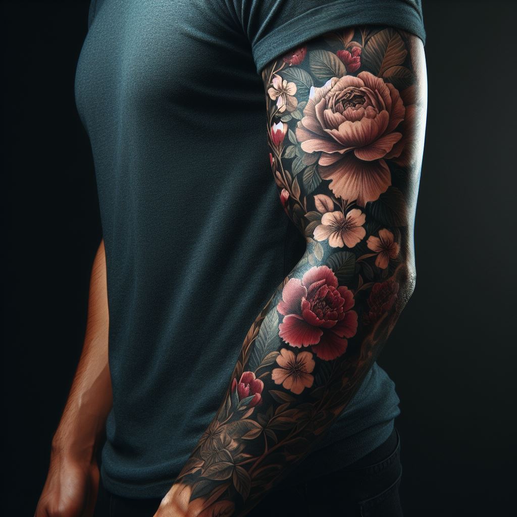 A man's forearm with a detailed floral tattoo. The design should include a variety of flowers, such as roses, peonies, and cherry blossoms, intertwined with leaves and branches that wrap around the forearm from the wrist to the elbow. This tattoo should be rich in colors, with realistic shading to give depth to the flowers, making them look almost lifelike.