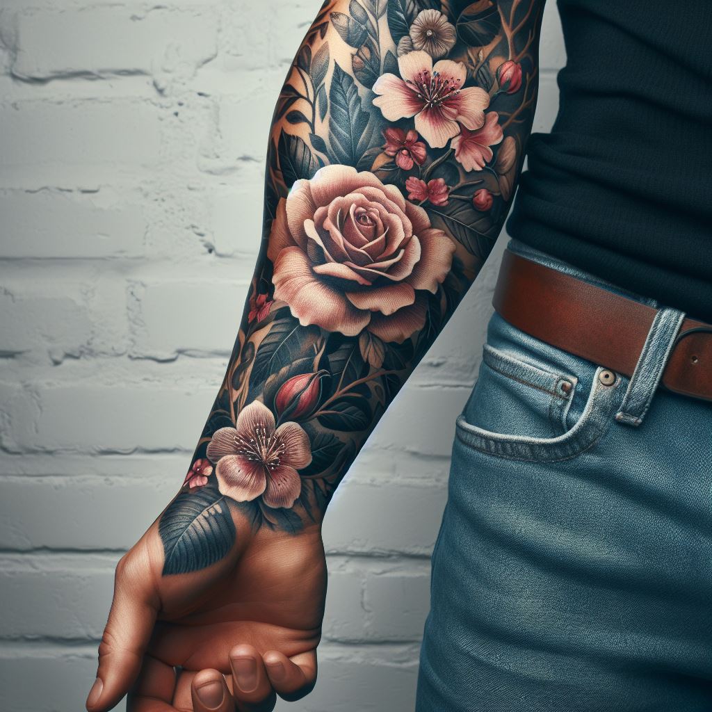 A man's forearm with a detailed floral tattoo. The design should include a variety of flowers, such as roses, peonies, and cherry blossoms, intertwined with leaves and branches that wrap around the forearm from the wrist to the elbow. This tattoo should be rich in colors, with realistic shading to give depth to the flowers, making them look almost lifelike.