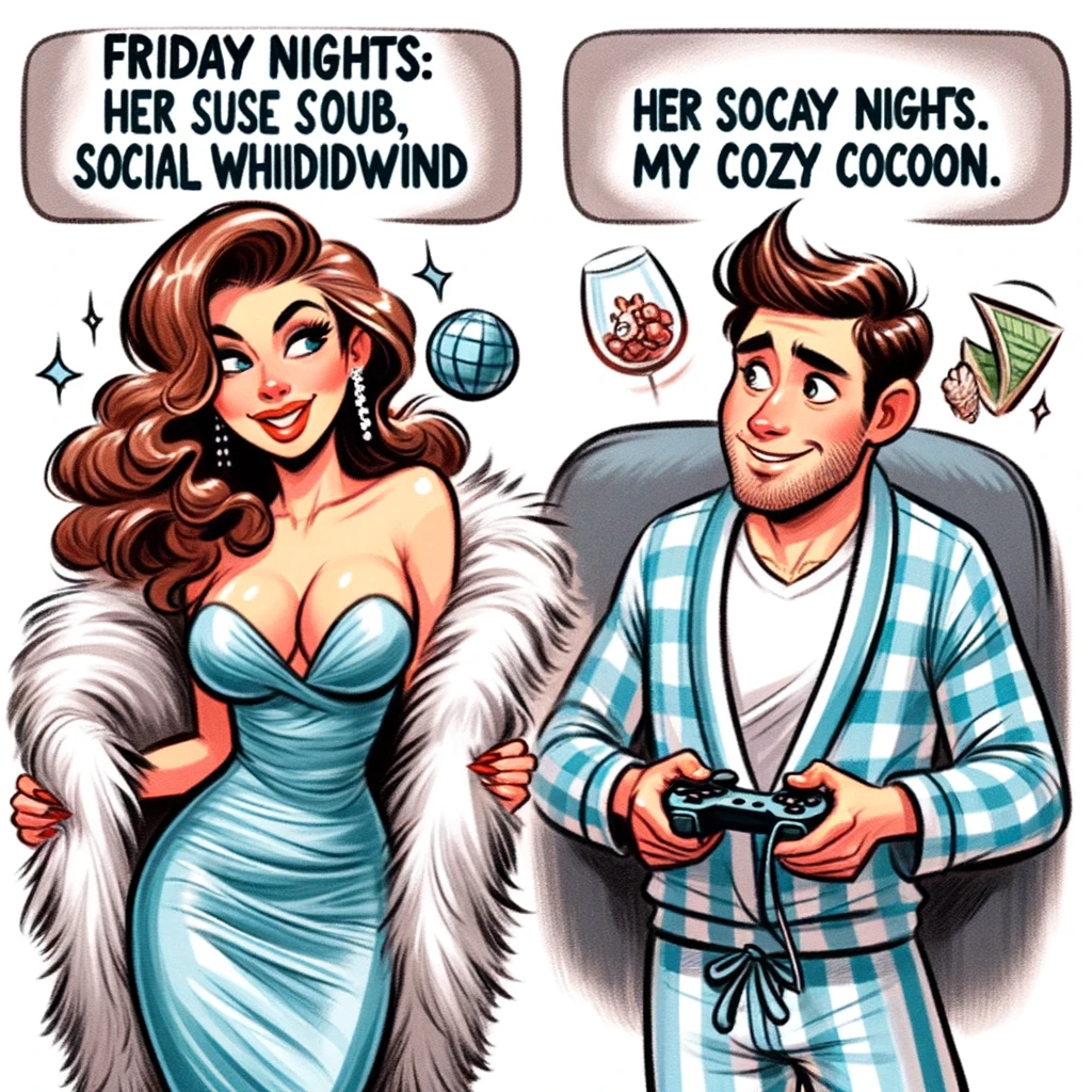 The wife is dressed up and ready to go out, looking glamorous, while the husband is in pajamas, holding a video game controller. Caption: "Friday nights: Her social whirlwind vs. My cozy cocoon."