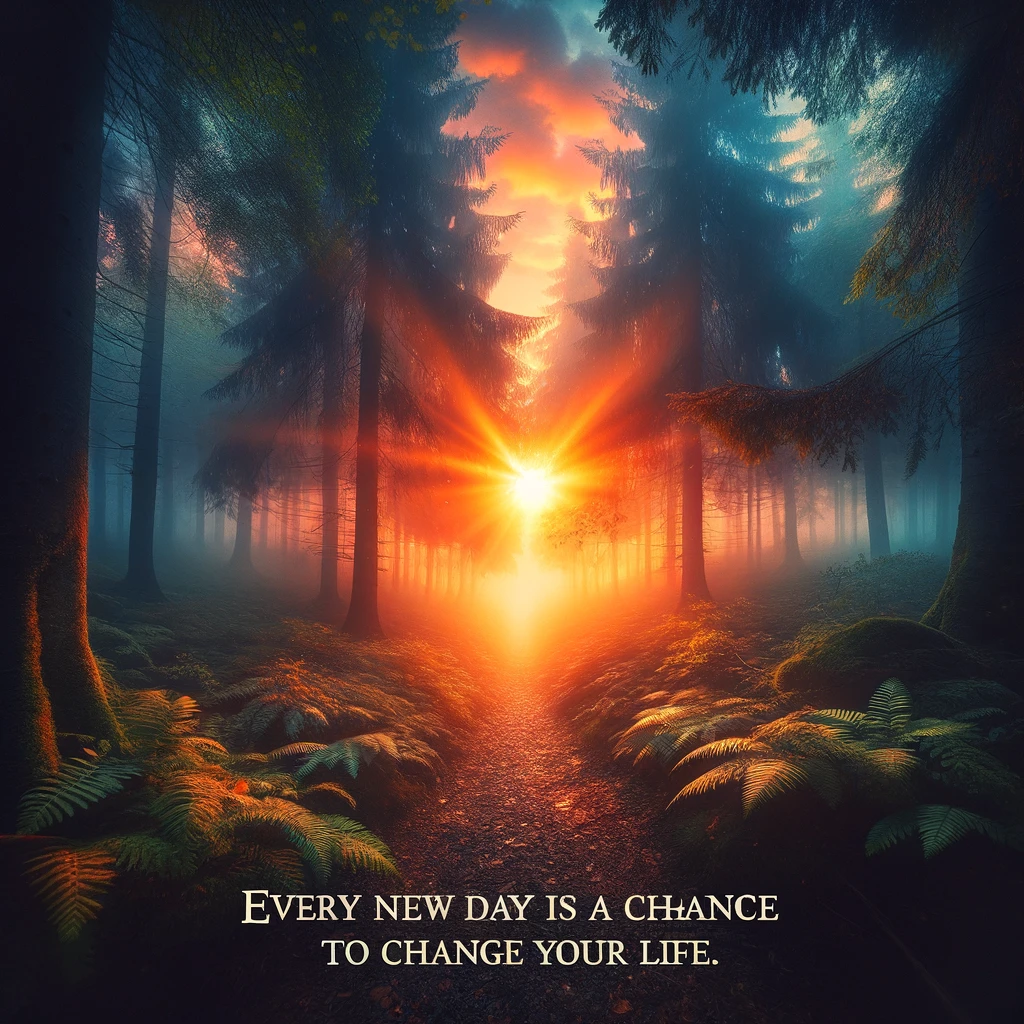 A vibrant sunrise peering through a dense forest, illuminating a misty path forward. Text overlay: "Every new day is a chance to change your life."