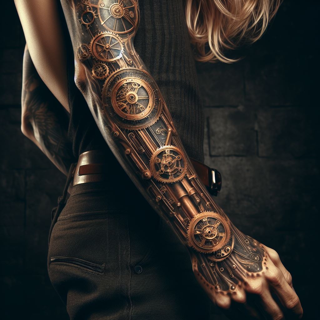 A man's forearm featuring a steampunk-inspired tattoo. This design combines elements of Victorian-era machinery and futuristic inventions, including gears, steam engines, and clockwork mechanisms. The tattoo covers the forearm from the wrist to the elbow, depicted in metallic tones of bronze, gold, and silver, with intricate details that give the appearance of a mechanical arm.
