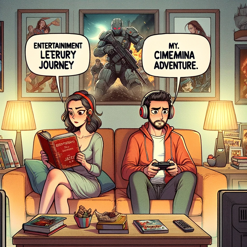 A living room scene where the wife is engrossed in a thick novel, and the husband is watching an action movie, headphones on. Caption: "Entertainment choices: Her literary journey vs. My cinematic adventure."