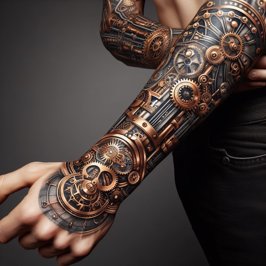 A man's forearm featuring a steampunk-inspired tattoo. This design combines elements of Victorian-era machinery and futuristic inventions, including gears, steam engines, and clockwork mechanisms. The tattoo covers the forearm from the wrist to the elbow, depicted in metallic tones of bronze, gold, and silver, with intricate details that give the appearance of a mechanical arm.