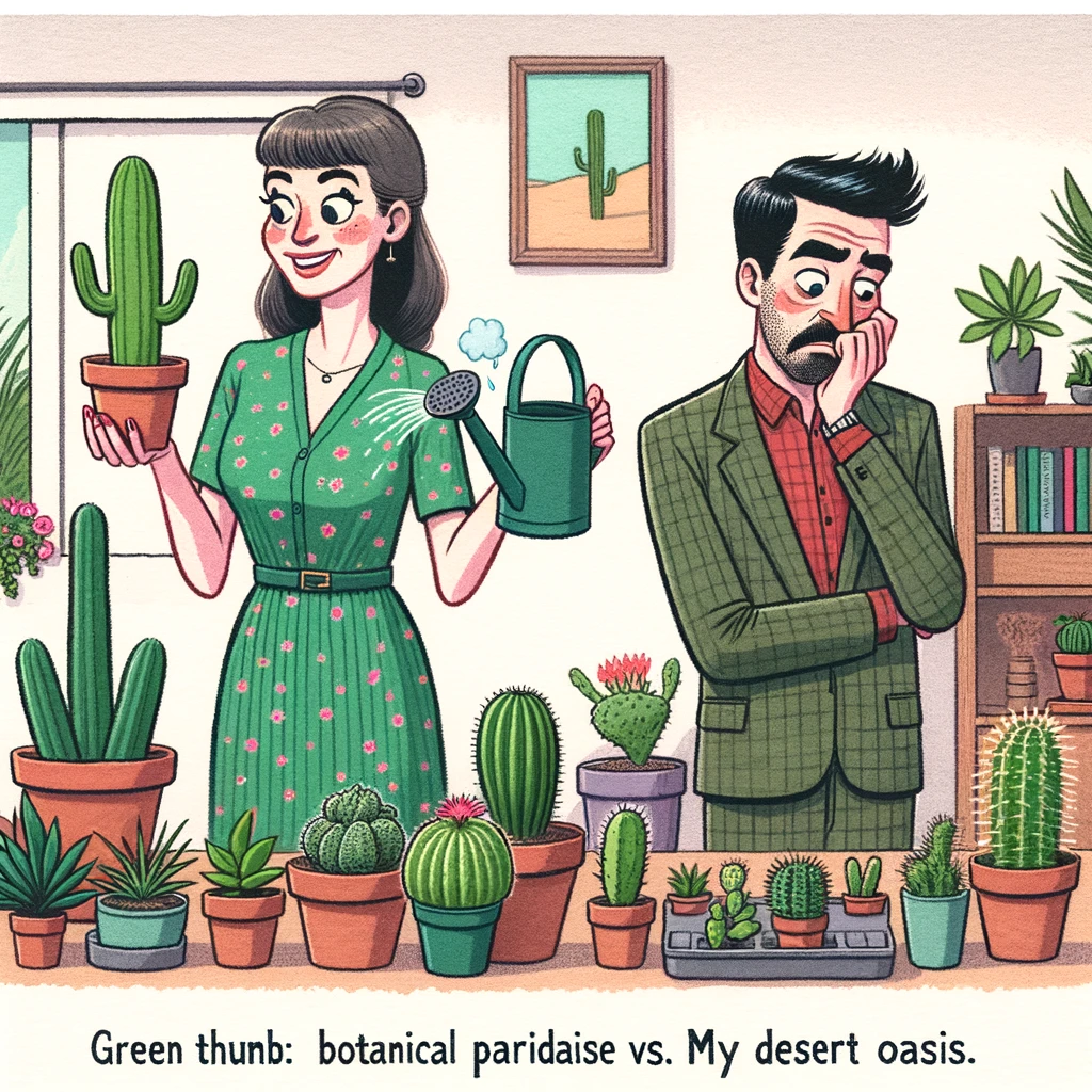 The wife proudly tending to an indoor jungle of houseplants, while the husband looks on bewildered, watering a single, sad cactus. Caption: "Green thumb: Her botanical paradise vs. My desert oasis."